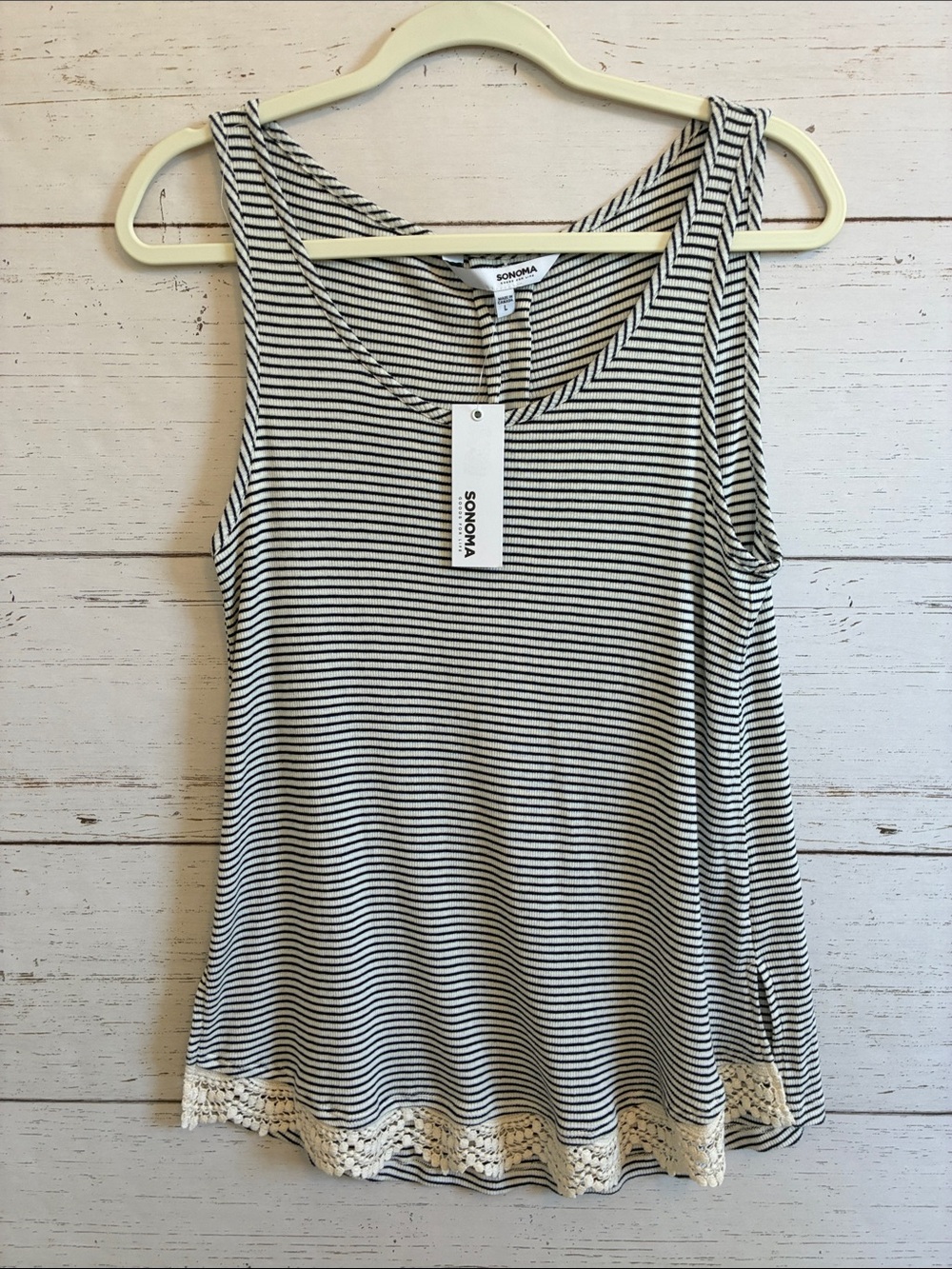 SONOMA Navy & Cream  Striped Tank with Crochet Front Hem, size L, NWT